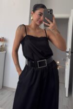 Askılı Dantel Detaylı Saten Bluz Siyah