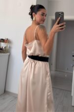 Askılı Dantel Detaylı Saten Bluz Taş - Görsel 3