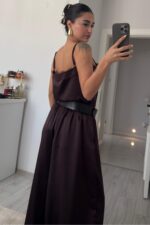 Askılı Dantel Detaylı Saten Bluz Kahverengi - Görsel 3