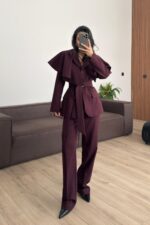 Pelerinli Parçalı Blazer Takım Bordo