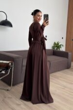 Kruvaze Yaka Bağlamalı Crep Pantolon Takım Kahverengi - Görsel 4