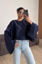 Yarasa Kol Saten Bluz Lacivert