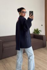 Kuşaklı V Yaka Ceket Lacivert - Görsel 4