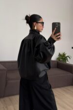 Düğmeli Yumuşak Deri Ceket Siyah - Görsel 4