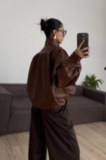 Düğmeli Yumuşak Deri Ceket Kahverengi - Görsel 4