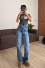 Çapraz Kemerli Wide Leg Mavi Jean