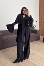 Kolları Volanlı V Yaka Pantolon Takım Siyah