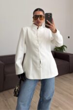 Vatkalı Mandarin Ceket Beyaz - Görsel 2