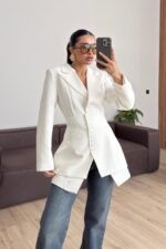 Korseli İki Parça Blazer Ceket Ekru