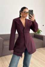 Korseli İki Parça Blazer Ceket Bordo