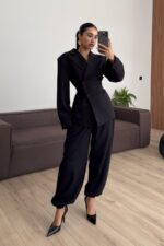 Drapeli Beli Bağlamalı Şalvar Takım Siyah