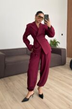 Drapeli Beli Bağlamalı Şalvar Takım Bordo