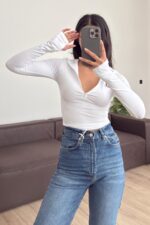 Yarım Fermuarlı Soft Touch Bluz Beyaz
