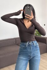 Yarım Fermuarlı Soft Touch Bluz Kahverengi