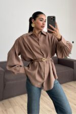 Vatkalı Kemerli Balon Kol Gömlek Vizon