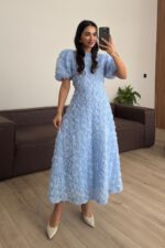 Güllü Kısa Kollu Elbise Bebe Mavi