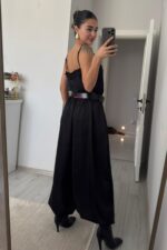 Paçası Lastikli Saten Şalvar Pantolon Siyah - Görsel 4