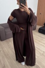 Rumi Üç Parça Modal Kumaş Takım Kahverengi - Görsel 3