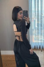 Divya Bandana Detaylı Crop Eşofman Takım Siyah - Görsel 4