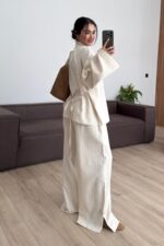 Önü Nakış Bağlamalı Keten Takım Natur - Görsel 4