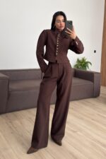 Çok düğmeli Belden Oturtmalı Takım Kahverengi