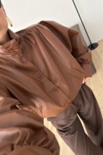 Düğmeli Yumuşak Deri Ceket Kahverengi - Görsel 3