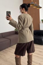 Kemerli Yakasız Blazer Ceket Haki - Görsel 3