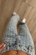 Kareli Püsküllü Wide Leg Mavi Jean - Görsel 3