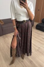 Yırtmaçlı Ekose Saten Etek Kahverengi - Görsel 2