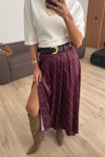 Yırtmaçlı Ekose Saten Etek Mürdüm - Görsel 2