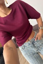 Kol Altı Pileli Tişört Bordo - Görsel 2