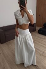 Önü Drapeli V Yaka Etek Takım Beyaz - Görsel 2