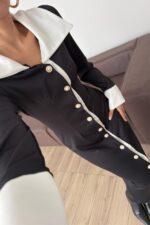 Polo Yaka İnci Düğmeli Siyah Elbise - Görsel 3