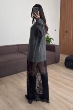 Dantel Detaylı Triko Elbise Antrasit - Görsel 4