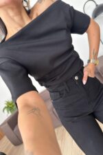 Kayık Yaka Yanları Drapeli Tişört Siyah - Görsel 2