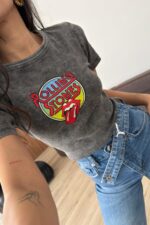 Rolling Stones Baskılı Antrasit Eskitme Tişört - Görsel 3