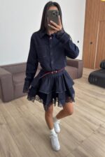 Güpür Detaylı Denim Gömlek Elbise Lacivert - Görsel 2