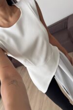 Tasarım Tül Detaylı Asimetrik Bluz Beyaz - Görsel 3