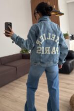 Arkası Yazı İşlemeli Kot Ceket Mavi - Görsel 4