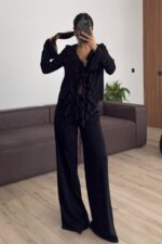 Önü Fırfırlı Kolları Volanlı Pantolon Takım Siyah