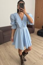 Bebek Yaka Pötikare Elbise Mavi - Görsel 2