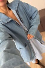 Fermuarlı Önü Cepli Kot Ceket Açık Mavi - Görsel 2