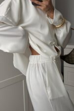 Mandarin Saten Pantolon Takım Beyaz - Görsel 5