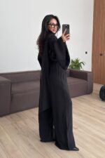 Kolları Volanlı V Yaka Pantolon Takım Siyah - Görsel 4