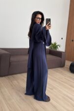 Kolları Volanlı V Yaka Pantolon Takım Lacivert - Görsel 4