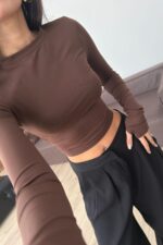 Parmak Geçirmeli Soft Touch Bluz Kahverengi - Görsel 2