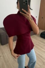 İkili Polerolu Straplez Bluz Bordo - Görsel 2