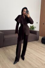 Pelerinli Parçalı Blazer Takım Kahverengi