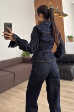 Gold Düğmeli Beli Bağlamalı Denim Ceket Lacivert - Görsel 3