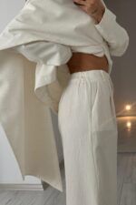 Çizgili Şallı Ceket Pantolon Takım Ekru - Görsel 8